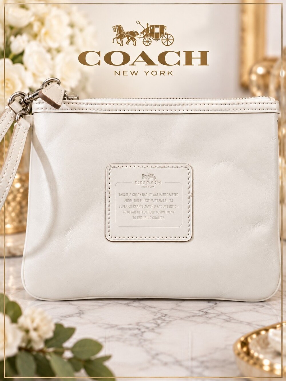 Coach Storypatch F35716 White Leather Wristlet Pouch Silver Hardware